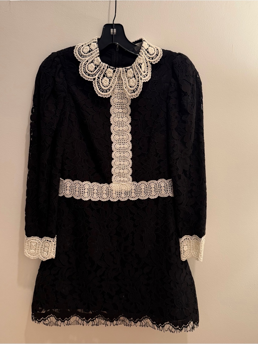Black Lace Mini Dress with White Crochet Trim